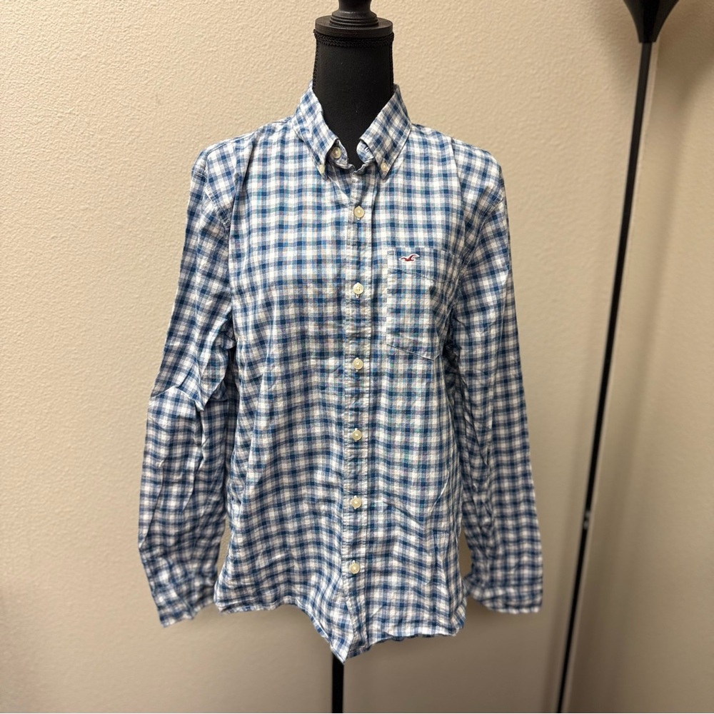 Hollister Men's Long Sleeve Blue Checkered Men's Shirt. Button Down. Size XL
